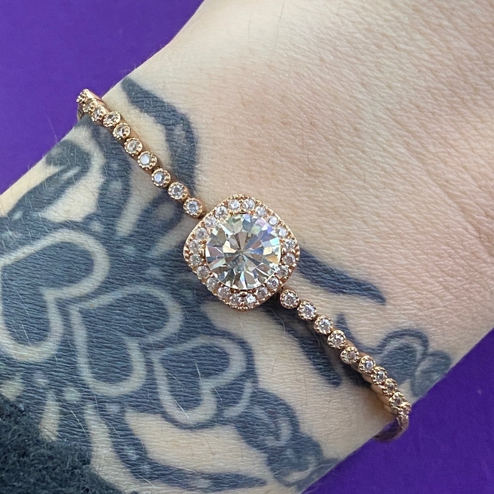 💛 14k Rose Gold Genuine Crystal Tennis Bolo Bracelet | Dainty Luxe Sparkle - Picture 6 of 8